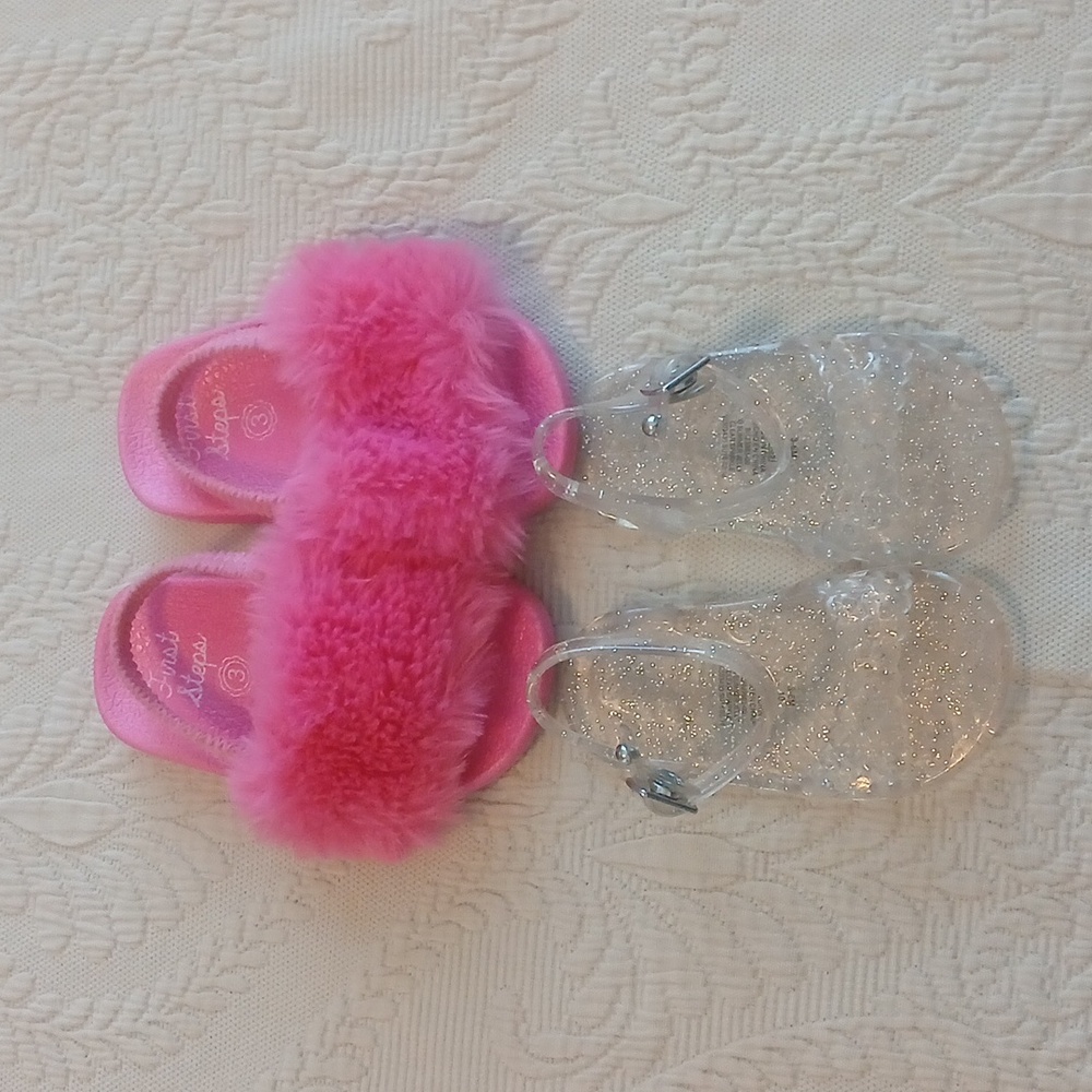 Bundle Of Baby Girl Sandals Size 2 & Size 3 Sparkle Clear Jelly/ Pink Faux Fur